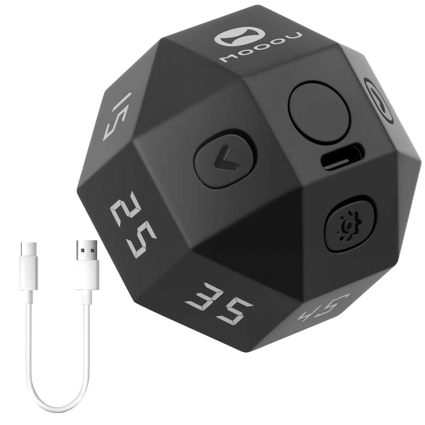 Digitale Cube Timer Uhr: schwarzer Würfel mit Countdown-Display, Drehstart-Funktion, inkl. USB-C-Kabel.