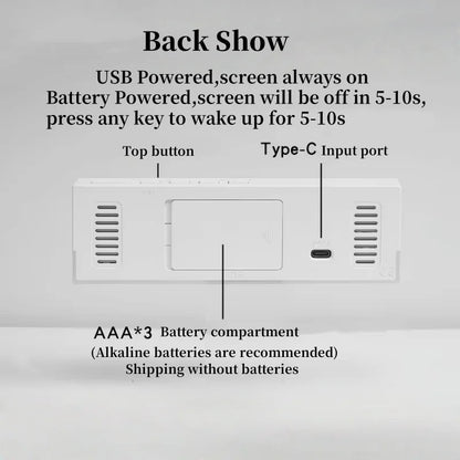 Rückseite des digitalen USB-Weckers mit LED-Anzeige: Type-C-Port, Top-Taste und Batteriefach (AAA, 3 Stück)