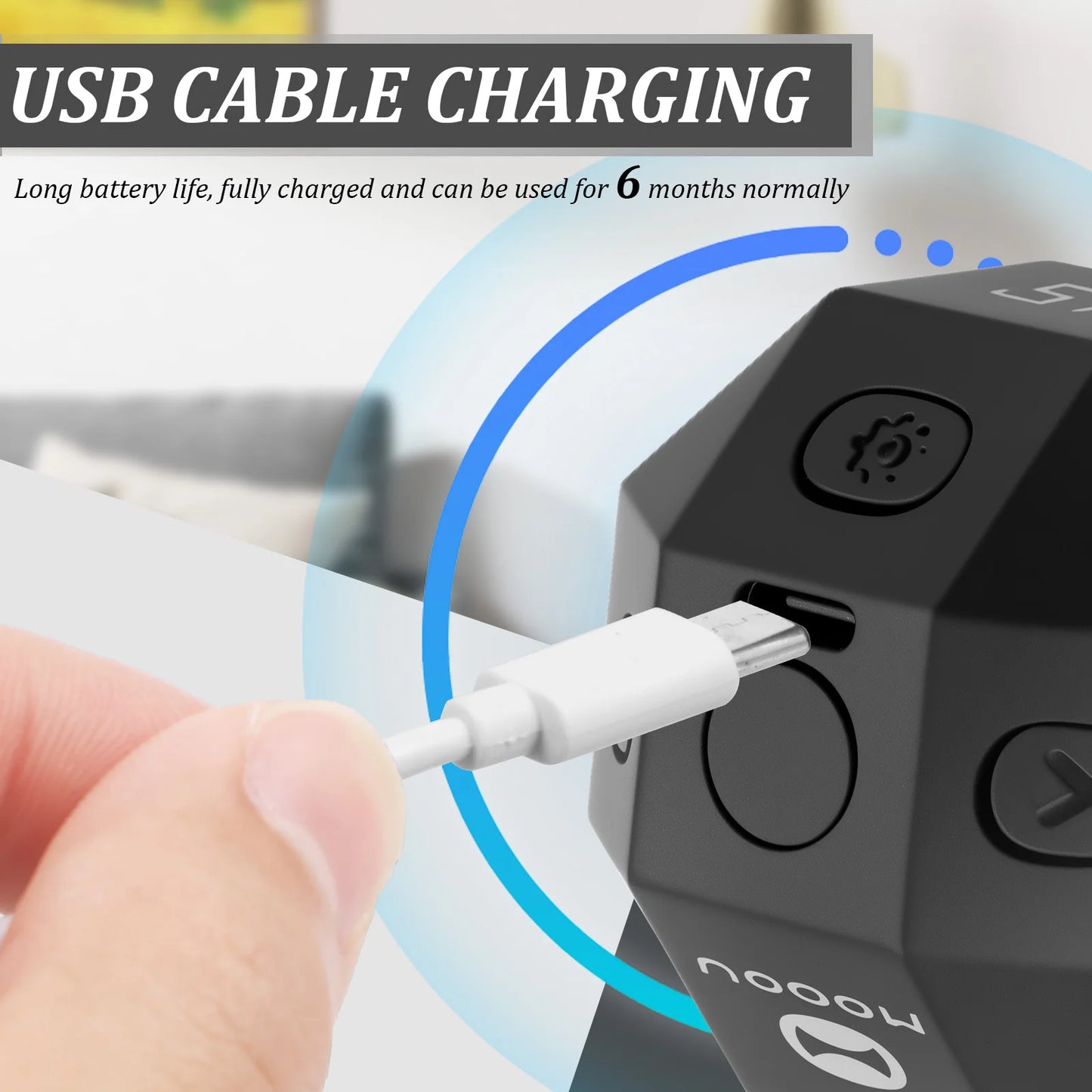 Digitale Cube Timer Uhr lädt per USB; Drehen einer Seite startet den Countdown – kompakt für Küche, Büro, Lernen.