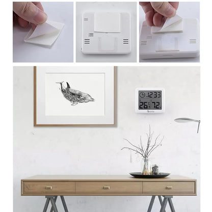 Digitale Schreibtischuhr Niditon: weiße Uhr mit Zeit-, Temperatur- und Luftfeuchtigkeitsanzeige, Tisch- oder Wanduhr.