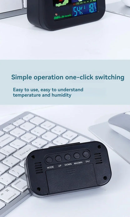 Wetterstation-Uhr mit Farbdisplay zeigt Temperatur und Luftfeuchtigkeit; Tischuhr für Schreibtisch oder Nachttisch.