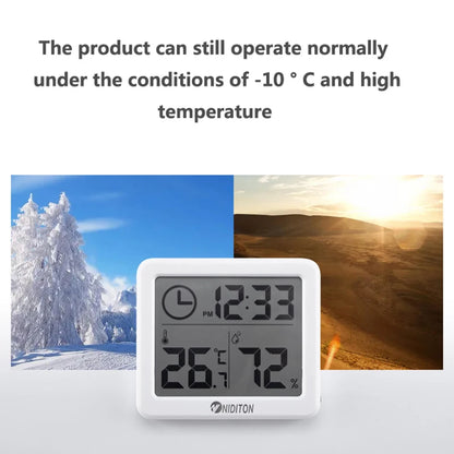 Digitale Schreibtischuhr Niditon mit Uhrzeit, Temperatur und Luftfeuchtigkeit – kompakt als Tisch- oder Wanduhr.