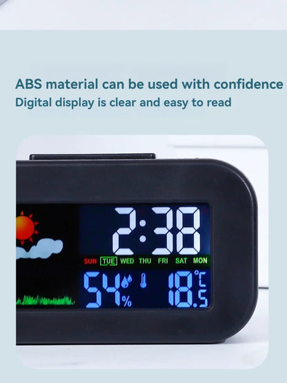 Wetterstation-Uhr mit Farbdisplay: digitale Zeit, Temperatur und Luftfeuchtigkeit auf kompakter Tischuhr.