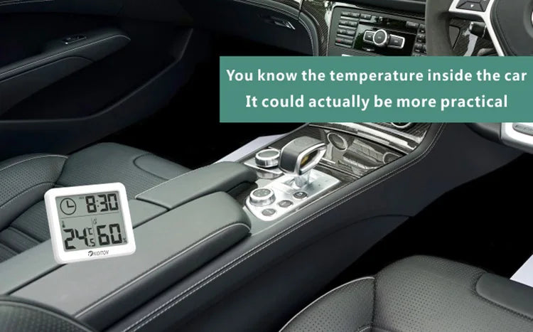 Digitale Schreibtischuhr Niditon mit Uhrzeit, Temperatur- und Luftfeuchtigkeitsanzeige – kompakt für Büro.