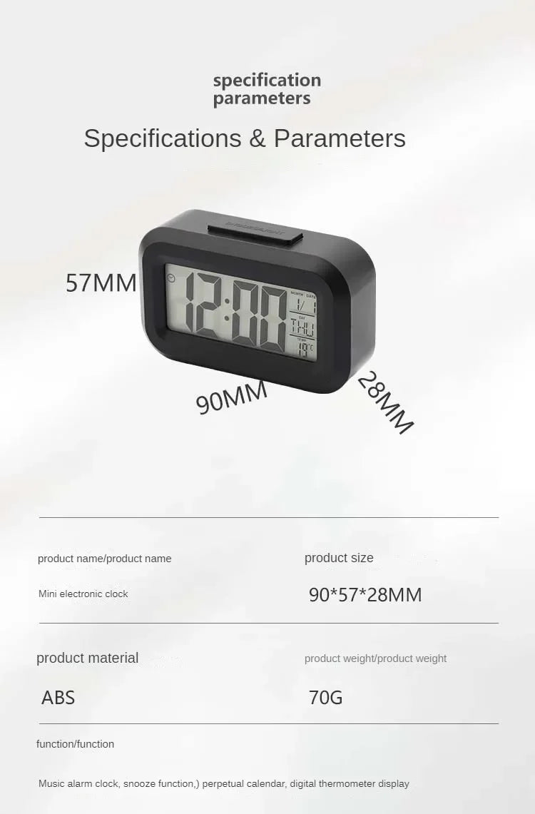Led Digitaler Wecker, kompakter Tischwecker 90×57×28mm, ABS, 70 g Musikwecker, Schlummer, Kalender, Thermometer.
