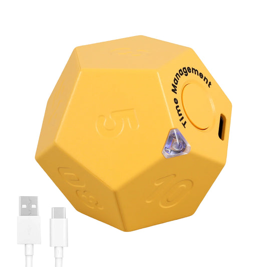 Digitale Cube Timer Uhr in Gelb mit Drehknopf zum Start der Zeit, Time Management-Aufdruck, USB-Kabel daneben