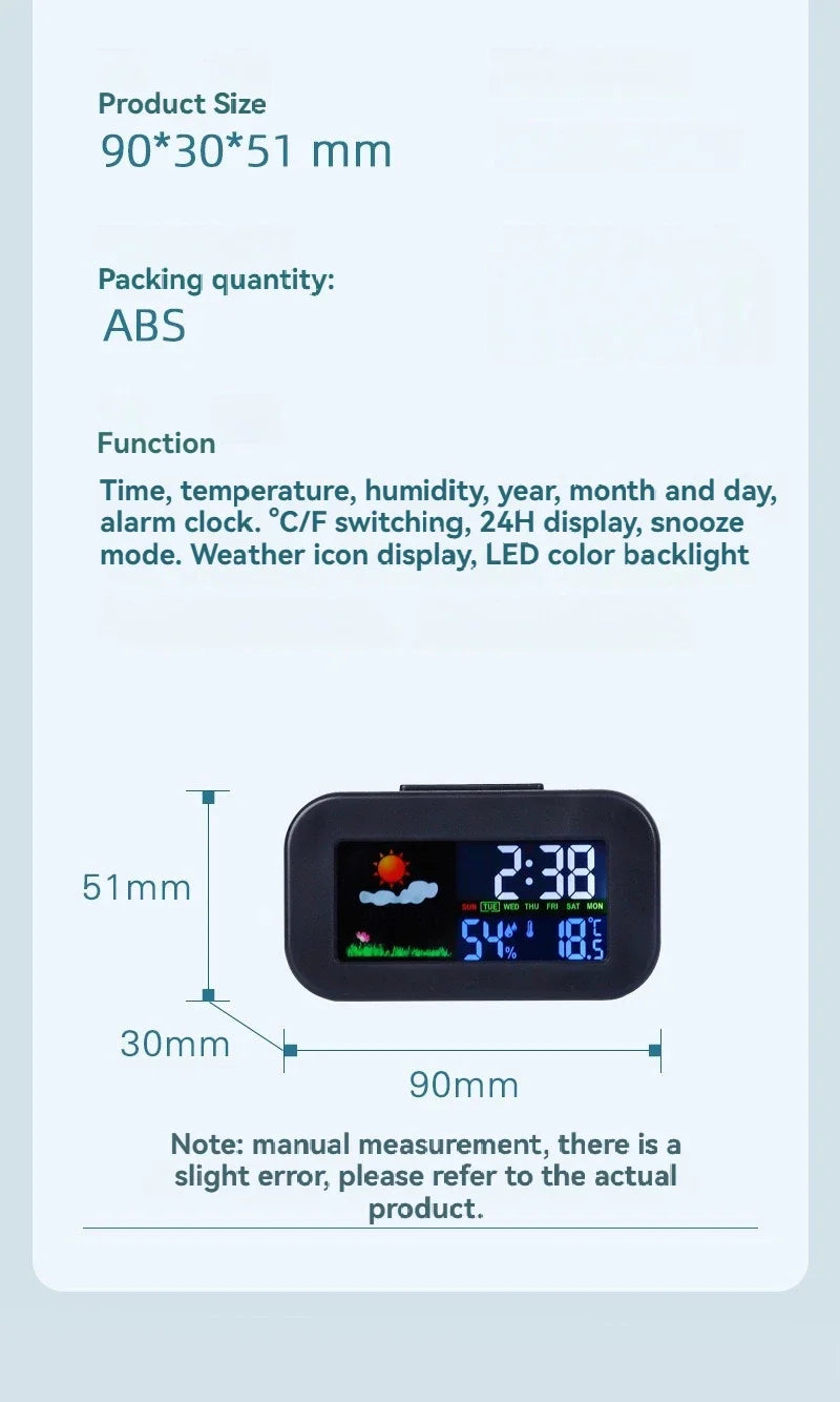 Wetterstation-Uhr mit Farbdisplay: kompakte Tischuhr zeigt Zeit, Datum, Temperatur und Luftfeuchtigkeit, 90×30×51 mm.