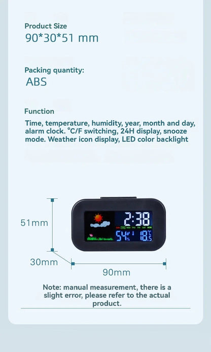 Wetterstation-Uhr mit Farbdisplay: kompakte Tischuhr zeigt Zeit, Datum, Temperatur und Luftfeuchtigkeit, 90×30×51 mm.