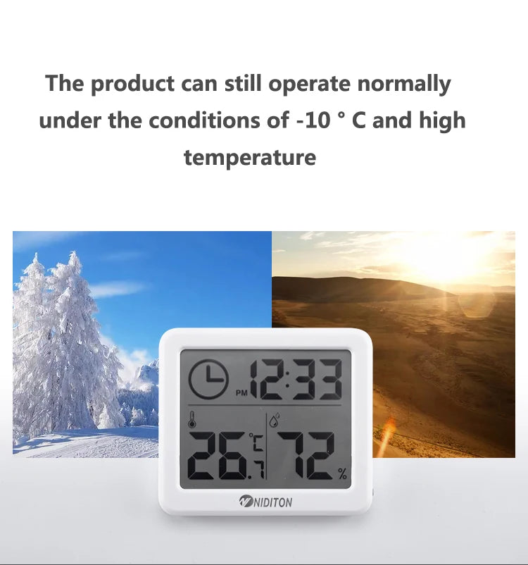 Digitale Schreibtischuhr Niditon zeigt Uhrzeit, Temperatur und Luftfeuchtigkeit; kompakte Tisch- oder Wanduhr.