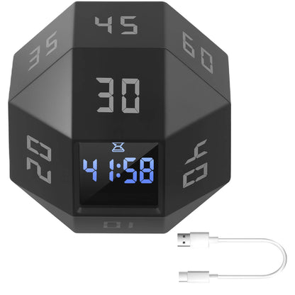 Digitale Cube Timer Uhr, schwarzer Würfel mit Displays an mehreren Seiten; Countdown startet durch Drehen der Seite