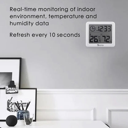 Digitale Schreibtischuhr Niditon zeigt Uhrzeit, Temperatur und Luftfeuchtigkeit; kompakt als Tisch- oder Wanduhr.